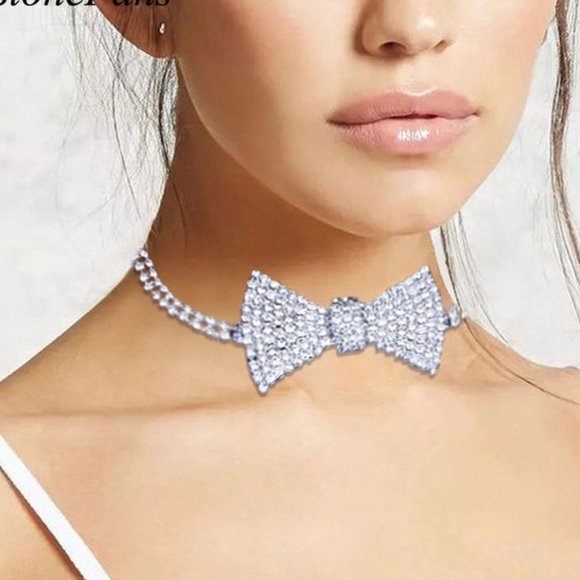 Crystal Bow Tie Choker Collar Chain Lady Rhinestone Tennis Chain Necklace - Picture 4 of 8